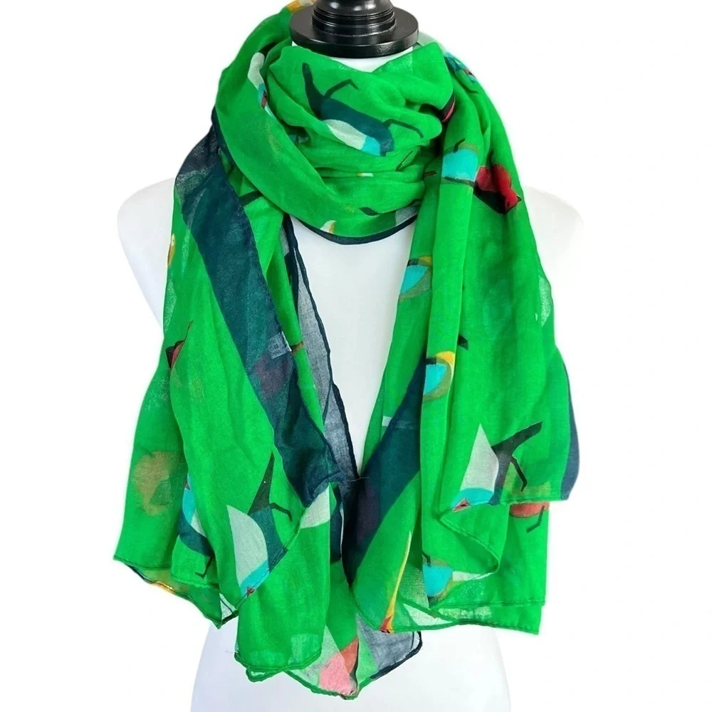 Large Vivid Green Bird-Patterned Scarf in Rich Chiffon 44x70